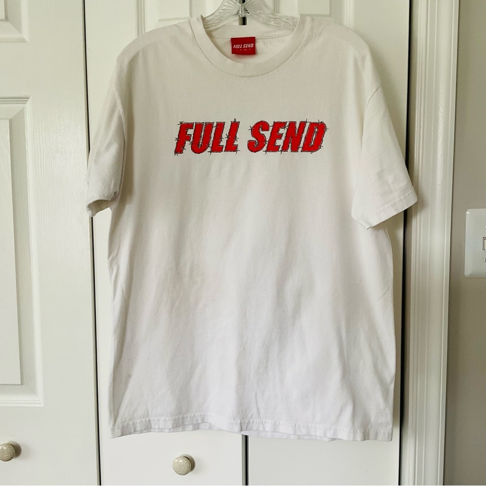Mens LARGE Full Send Black Barbed Wire Logo White Short Sleeve Tee T-Shirt